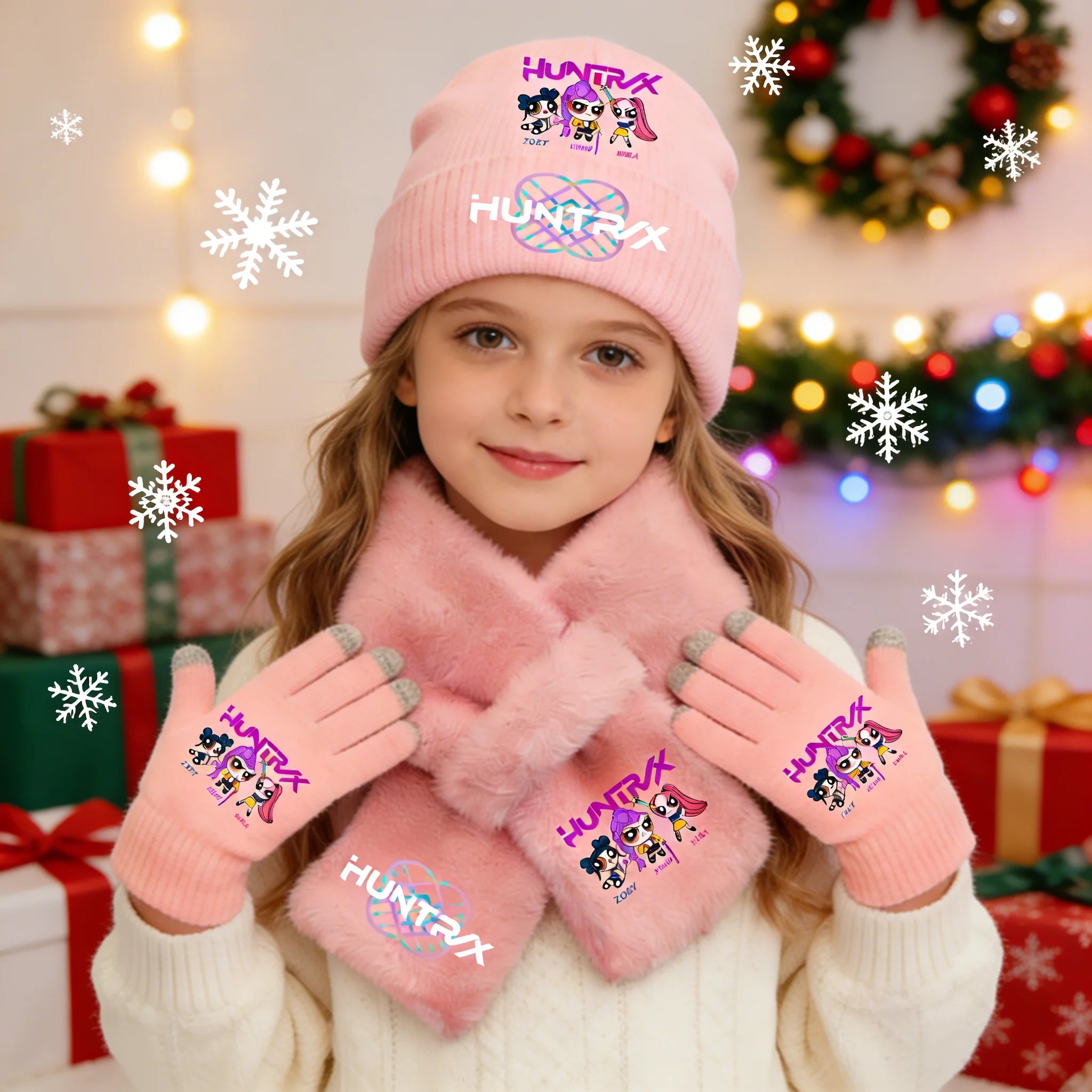 Ensemble Hiver Enfant 3 Pièces Bonnet Écharpe Gants – Style Cartoon Fantasy K-pop Hunters